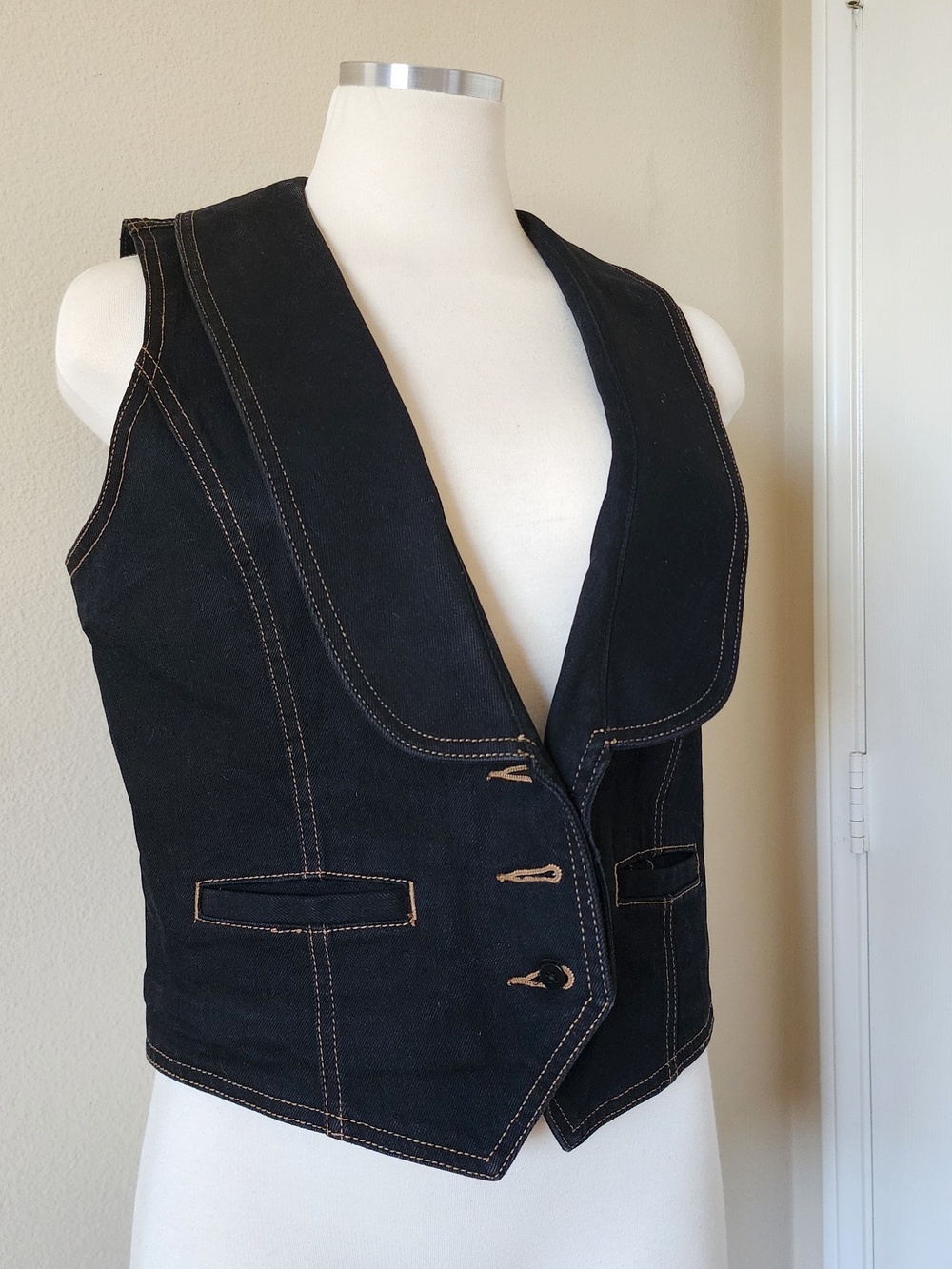 Ralph Lauren Black Denim Vest with Tan Topstitching